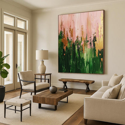 Contemporary abstract artwork featuring a vibrant forest in green and pink hues highlighted with gold accents and dynamic brush strokes. DLZ0904
