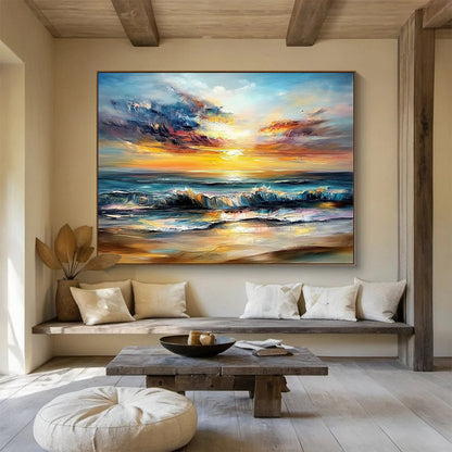 “Fiery Sky Beach” - Reds, Oranges, Blues, Dramatic Beach Sunset - Impasto Oil Painting HB1601