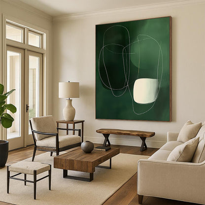 Large contemporary hand-painted abstract art featuring minimalist white lines and shapes on a dark green background with smooth organic curves. DLZ0754