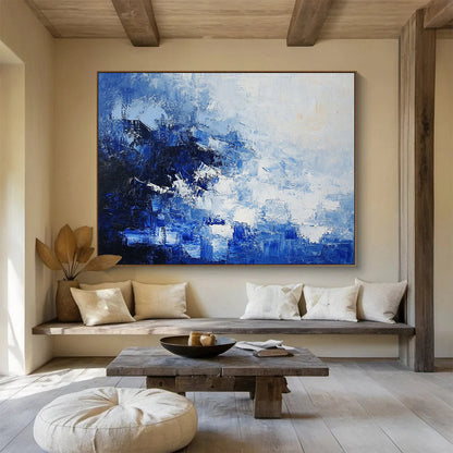 “Blue - White Abstract Textured Layers” - Blue, White, Layered Textures Painting On Canvas HB0836