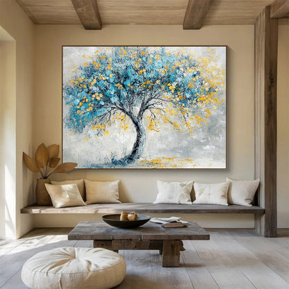 “Blue - Yellow Tree” - Gray background, blue foliage, yellow blossoms, Textured Tree Painting On Canvas HB0589