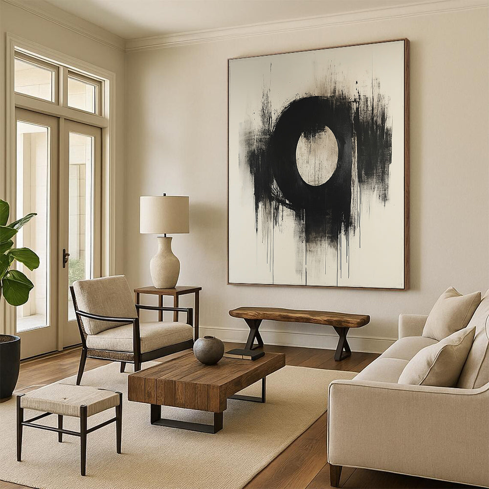 Contemporary abstract masterpiece featuring an oval in dark grey and beige on canvas with a textured finish showcasing artistic elegance. DLZ0859