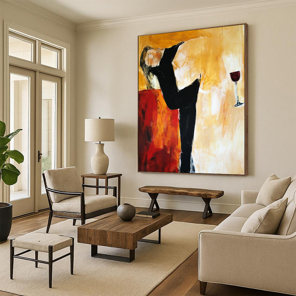 Contemporary abstract artwork depicting a woman on a sofa with expressive lines and warm tones showcasing emotional depth and pensive stillness. DLZ0973