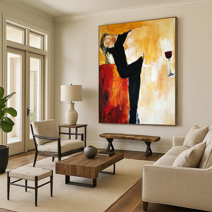 Contemporary abstract artwork depicting a woman on a sofa with expressive lines and warm tones showcasing emotional depth and pensive stillness. DLZ0973