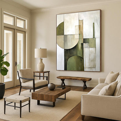 Large contemporary hand-painted abstract artwork featuring soft sage green and beige geometric shapes on a white background for modern decor enthusiasts. DLZ1059