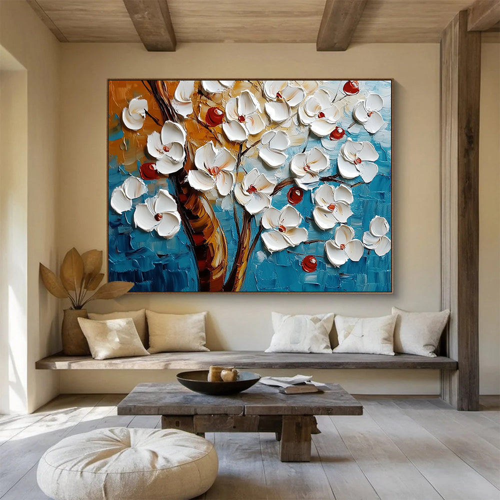 “Textured White Blossoms on Blue” - White, red, brown, blue; 3D - like white flowers on a textured blue background; Palette Knife Oil Painting On Canvas HB1198
