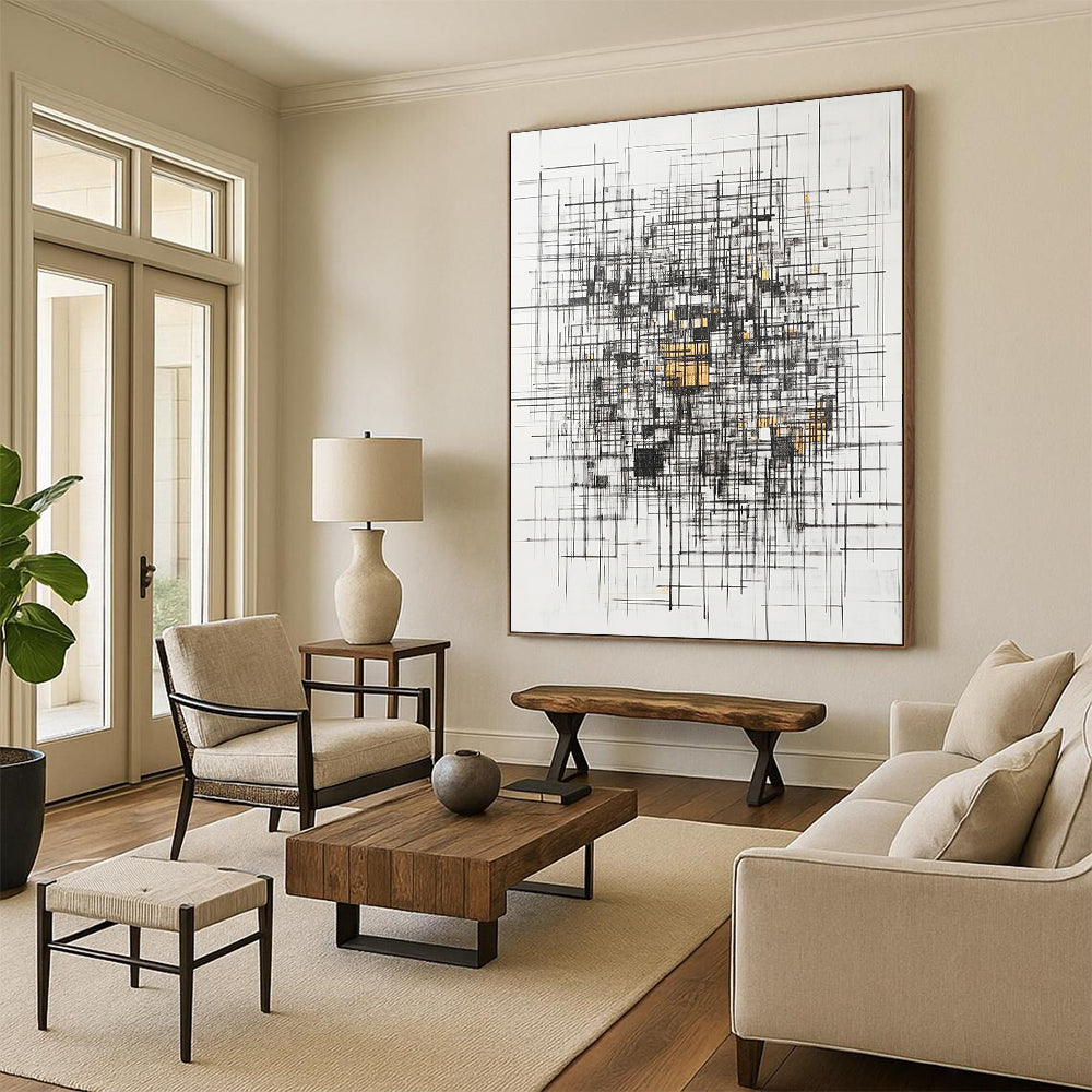 Black, White, Gray, Gold, Triangular Mosaic "Gilded Geometric Puzzle" Abstract Cubist - Inspired Painting On Canvas HB127