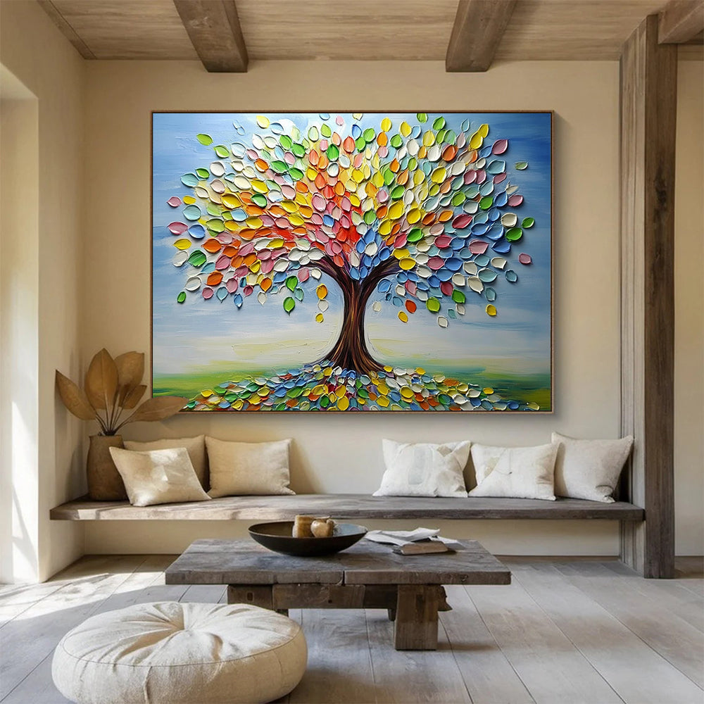“Colorful Palette Tree” - Blue sky, multicolor leaves, textured trunk, 3D - Like Tree Painting On Canvas HB0593