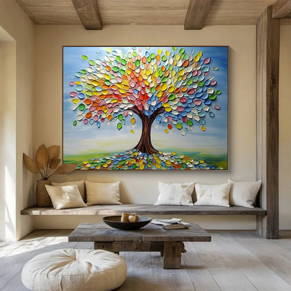 “Colorful Palette Tree” - Blue sky, multicolor leaves, textured trunk, 3D - Like Tree Painting On Canvas HB0593