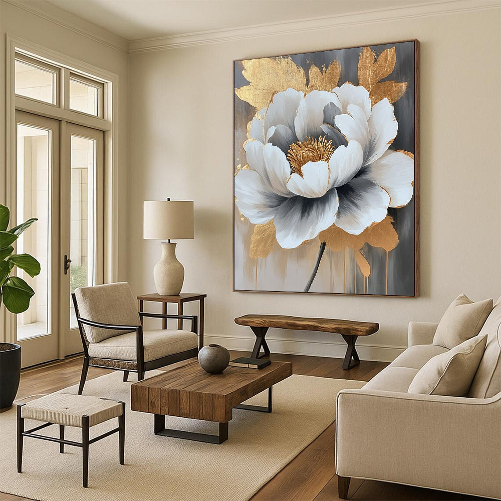 Contemporary hand-painted abstract artwork featuring a peony in gray and white with striking gold accents, perfect for modern decor. DLZ0782