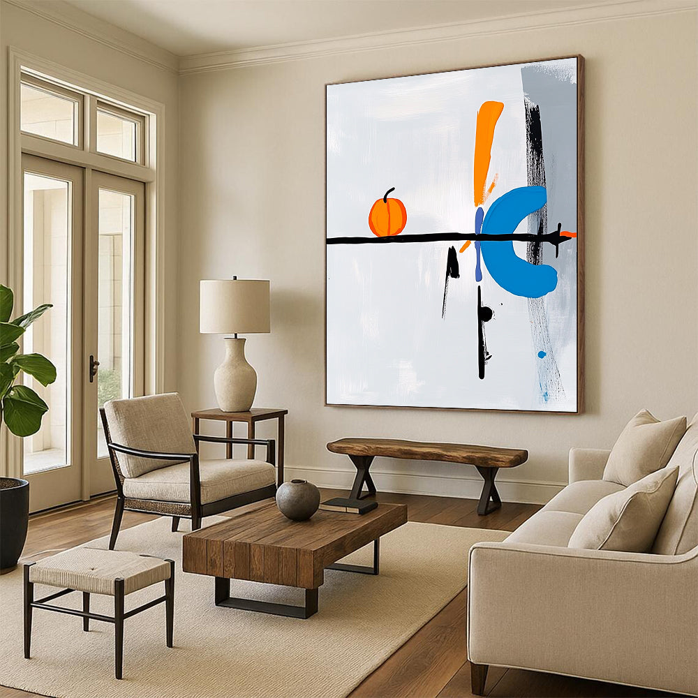 Contemporary abstract art featuring a right-pointing arrow in blue black white and orange with Oostutto text and a whimsical pumpkin element on a light grey background DLZ1336
