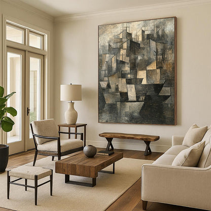 Gray, Brown and Black Cubist Cityscape "Urban Fragmentation" Painting On Canvas HB371