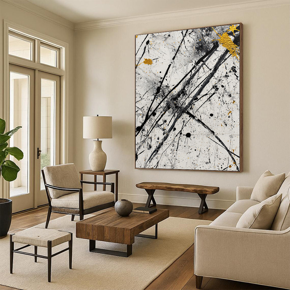 Black, White, Gray, Gold, Dynamic Drips "Starry Chaos" Abstract Pollock - Inspired Painting On Canvas HB064