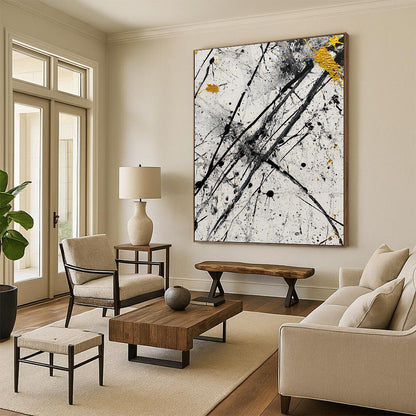 Black, White, Gray, Gold, Dynamic Drips "Starry Chaos" Abstract Pollock - Inspired Painting On Canvas HB064