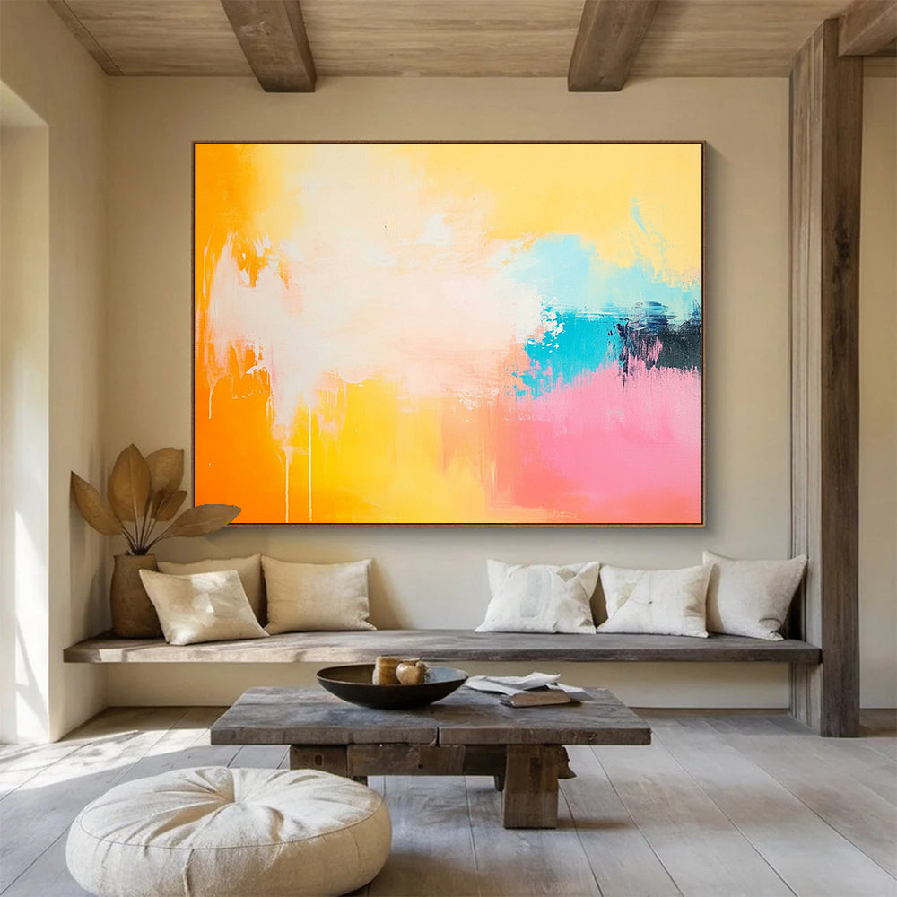 “Sunset Drip” - Orange, Yellow, Pink, Blue, Abstract Dripping Painting On Canvas HB1066