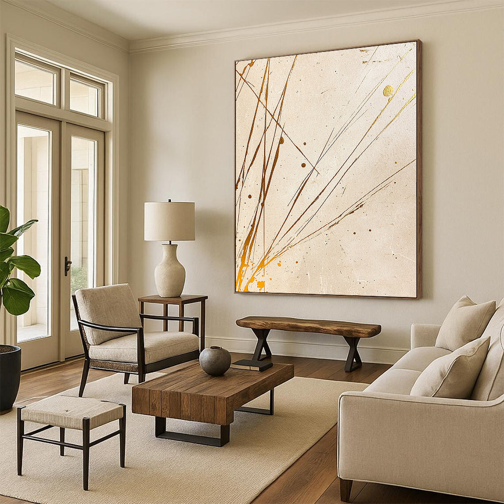 Beige, Gold, Splattered Lines "Earthy Elegance" Abstract Painting On Canvas HB033