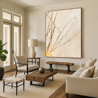 Beige, Gold, Splattered Lines "Earthy Elegance" Abstract Painting On Canvas HB033