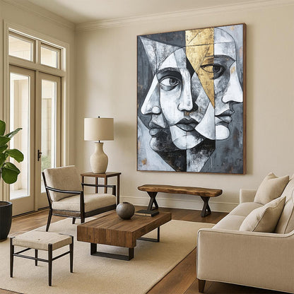 Gray, Black, White and Gold Cubist Portrait "Mystic Visage" Painting On Canvas HB374
