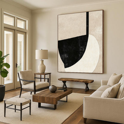 Contemporary hand-painted abstract artwork featuring bold black outlines on textured beige background ideal for minimalist wall decor. DLZ1467