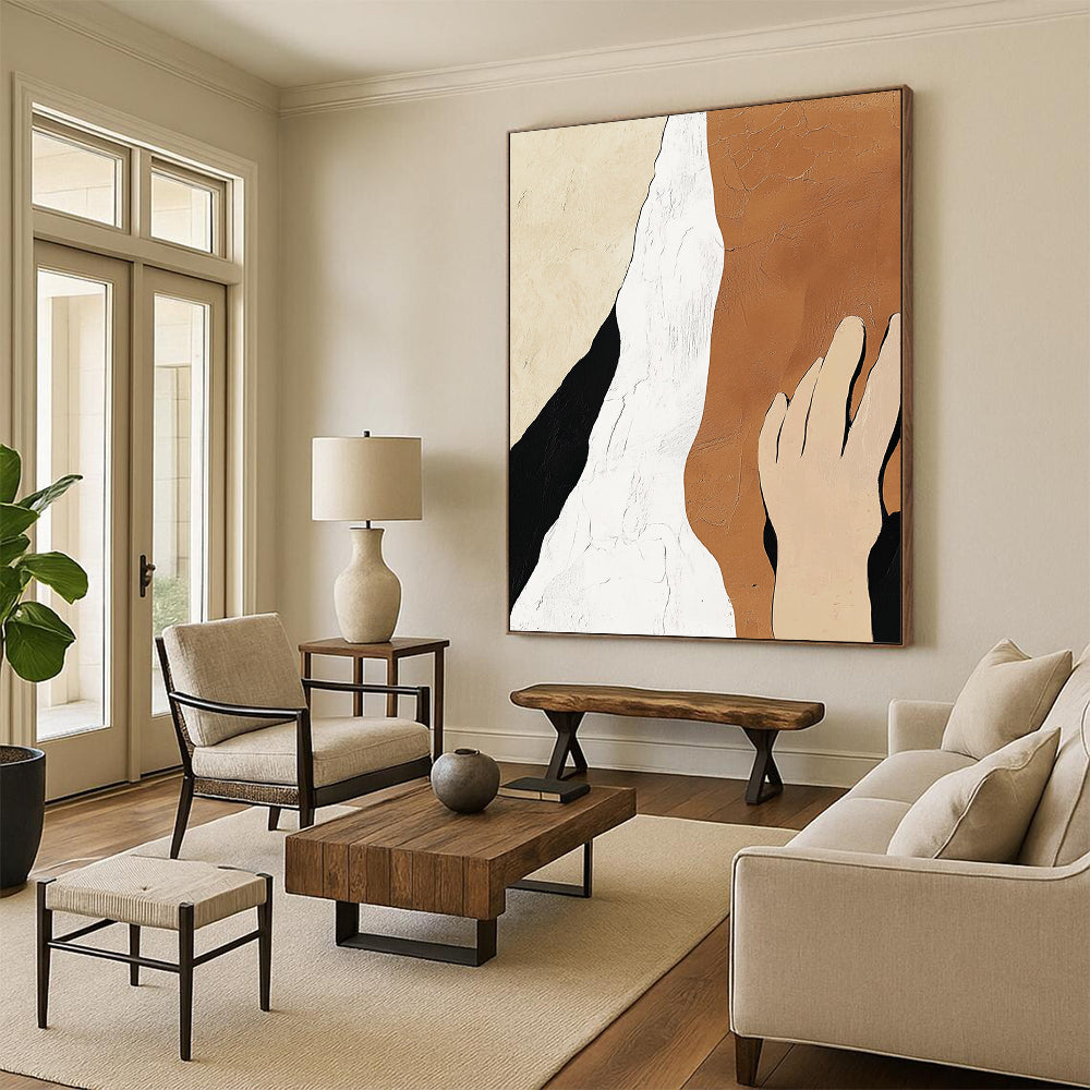 Large contemporary hand-painted abstract artwork featuring minimalistic design in beige, white, and black with textured skin tones and a peaceful aesthetic. DLZ0910