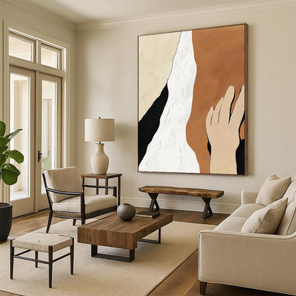 Large contemporary hand-painted abstract artwork featuring minimalistic design in beige, white, and black with textured skin tones and a peaceful aesthetic. DLZ0910