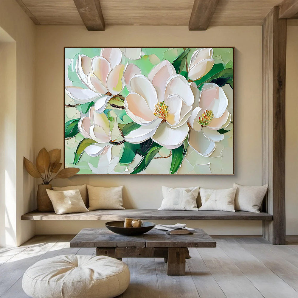 “Pastel Magnolias on Green” - White, Pink, Green, Pastel - colored magnolias on green - Impasto Oil Painting HB1788