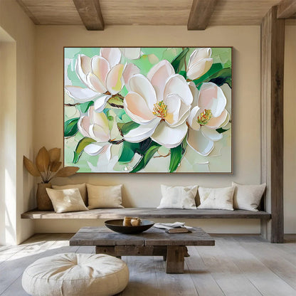 “Pastel Magnolias on Green” - White, Pink, Green, Pastel - colored magnolias on green - Impasto Oil Painting HB1788