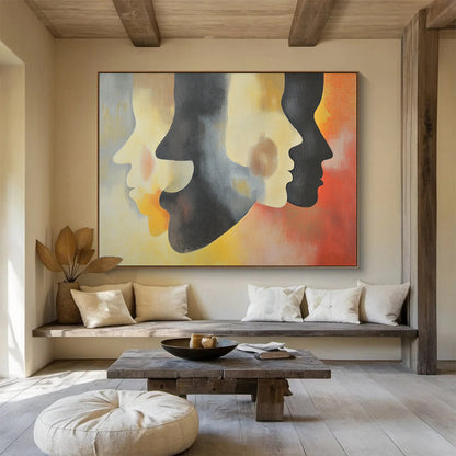 “Colorful Layered Faces” - Gray, Yellow, Red, Abstract Profiles - Surrealist Acrylic Painting HB1490