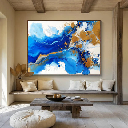 “Blue - Gold Abstract Fluid Waves” - Blue, Gold, White, Fluid Shapes Painting On Canvas HB0842