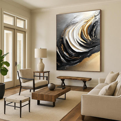 Contemporary hand-painted abstract art featuring flowing grain in black and white with elegant gold accents for a striking visual impact. DLZ0297