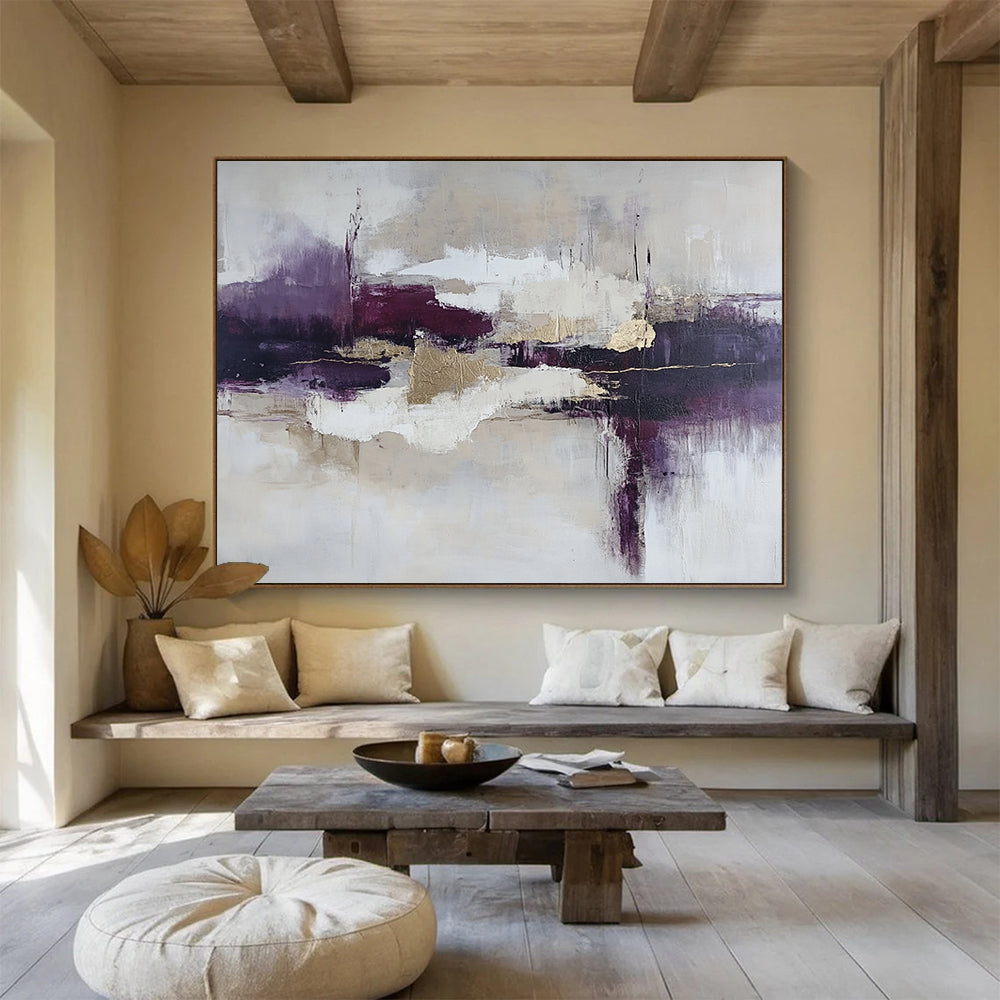 “Elegant Purple Abstract” - Purple, Gold, White, Textured Abstract Shapes Painting On Canvas HB0953