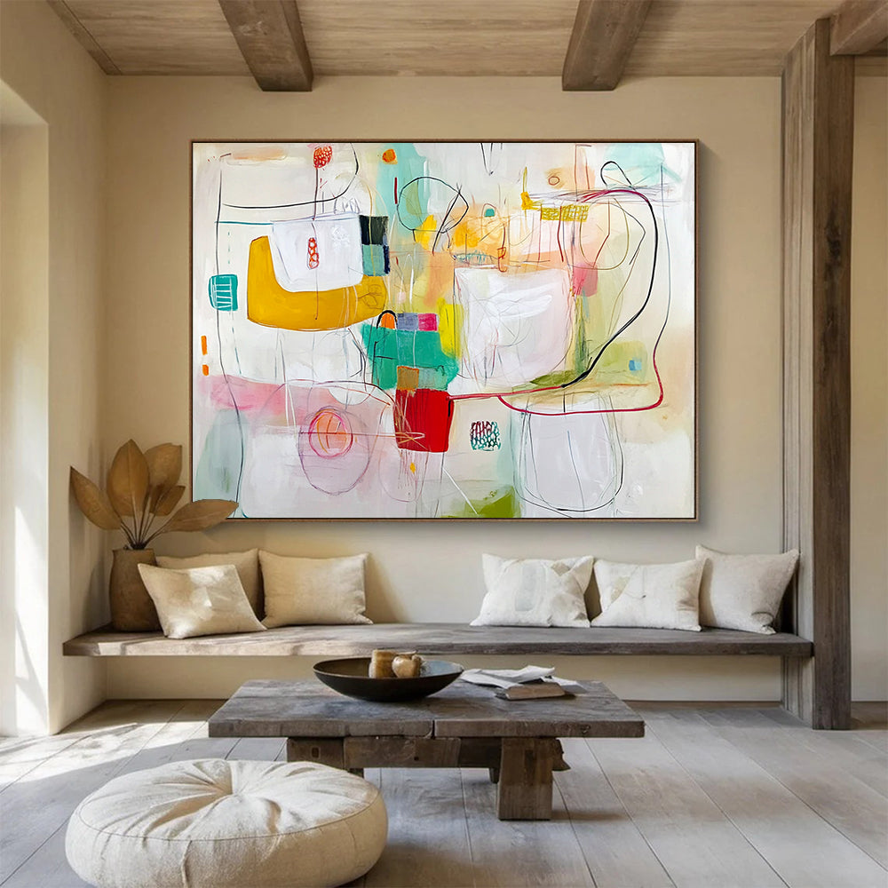“Whimsical Color Doodles” - Pastel Colors, Abstract Shapes, Sketch - like Painting On Canvas HB1105