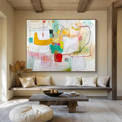 “Whimsical Color Doodles” - Pastel Colors, Abstract Shapes, Sketch - like Painting On Canvas HB1105
