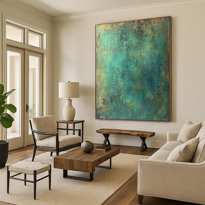 Large contemporary abstract painting featuring textured green metal tones with blue-green and brown speckles evoking strength and history reminiscent of ancient copper armor. DLZ1164