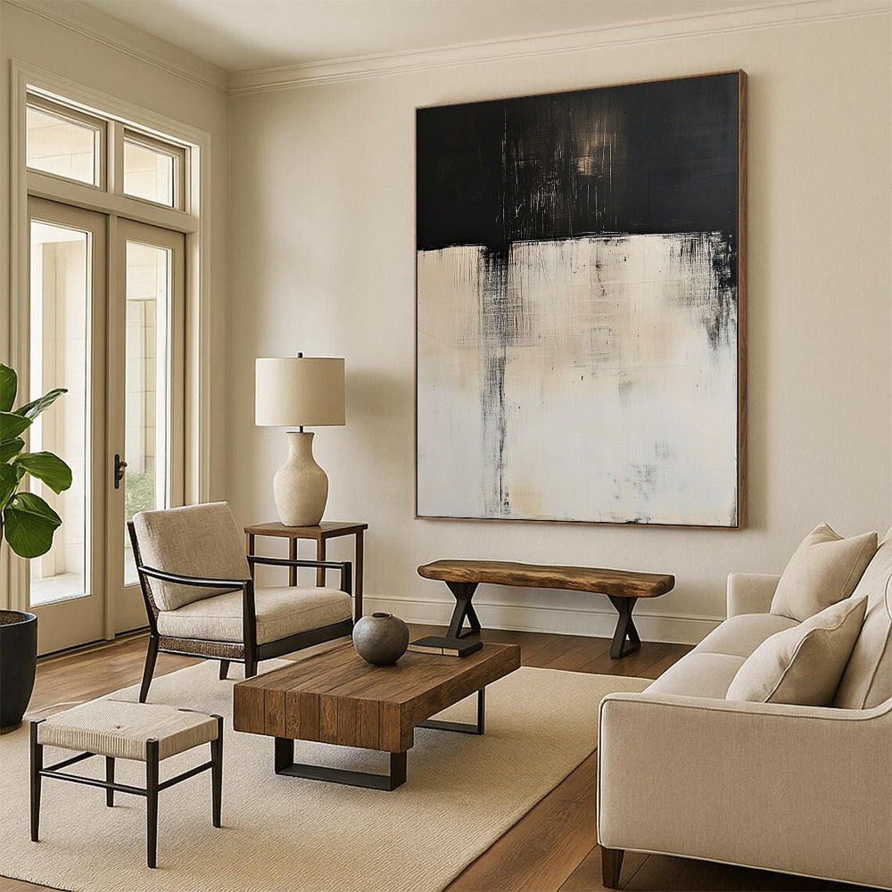 Contemporary abstract art features large white and black color blocks with blurred edges and delicate textures in high definition minimalist style. DLZ0712