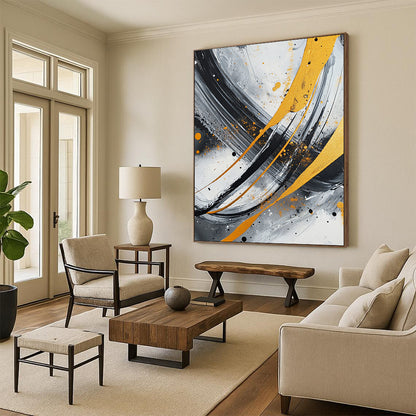 Gray, Black, White, Gold, Orange, Swirling Strokes "Fiery Galaxy" Abstract Cosmic - Inspired Painting On Canvas HB069