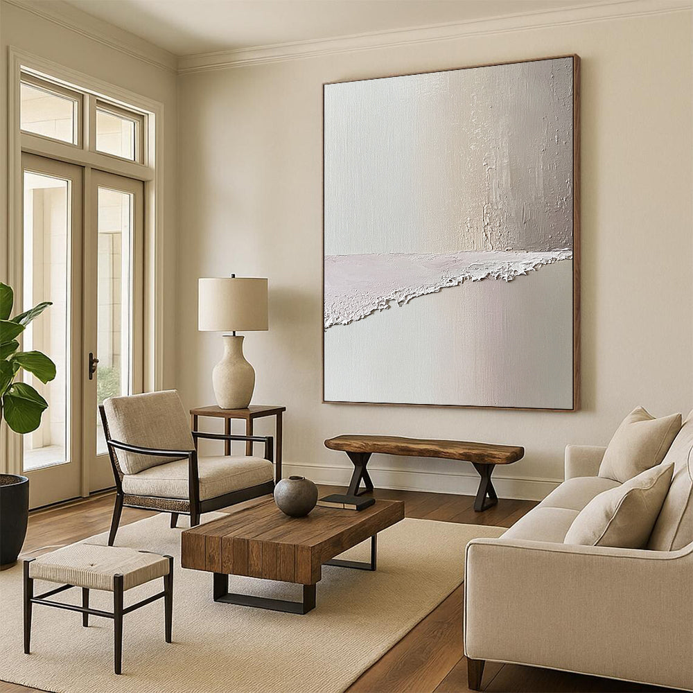 Contemporary abstract art featuring a serene beach scene in soft pastel pinks and whites evokes tranquility with textured oil paint aesthetics. DLZ1358
