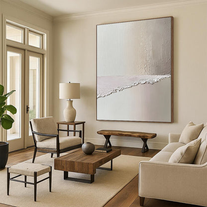 Contemporary abstract art featuring a serene beach scene in soft pastel pinks and whites evokes tranquility with textured oil paint aesthetics. DLZ1358