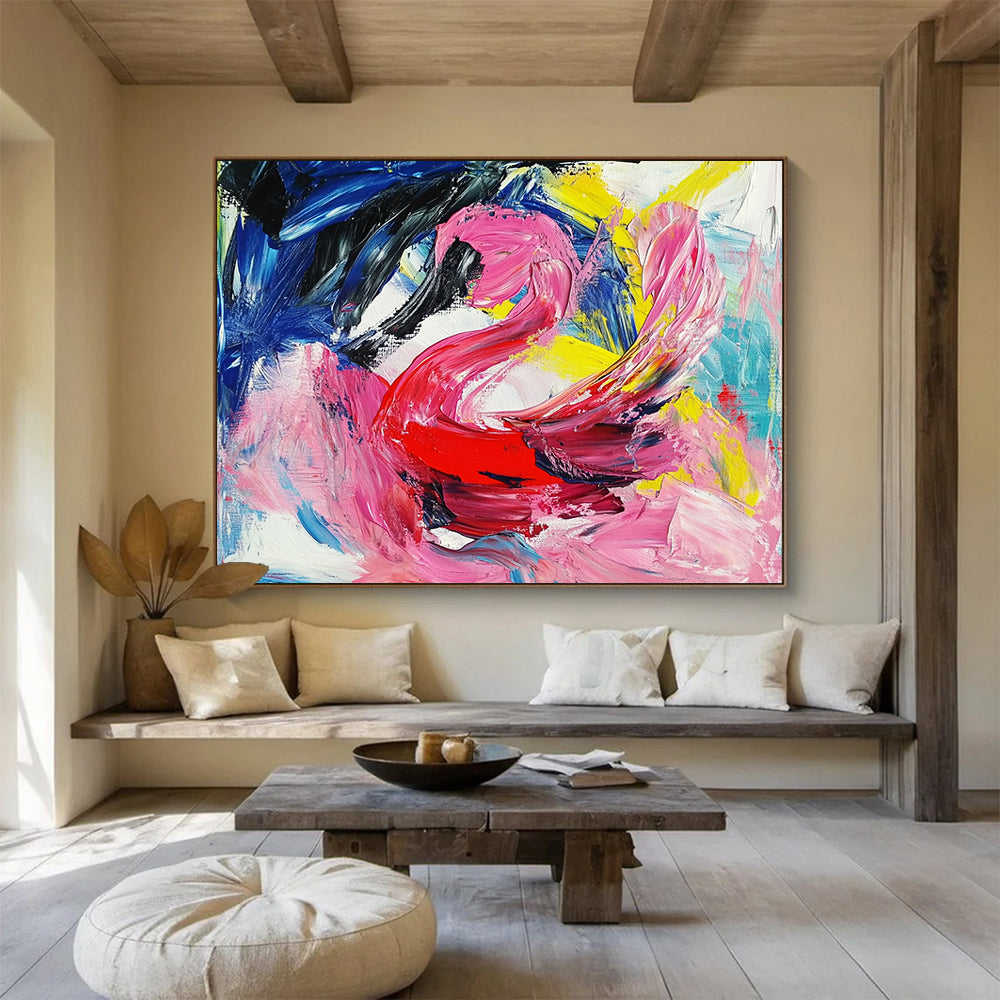 “Colorful Abstract Swan in Pink, Red, Blue, and Yellow” - Pink, red, blue, yellow; Abstract swan with colorful brushstrokes; Acrylic Painting On Canvas HB1234