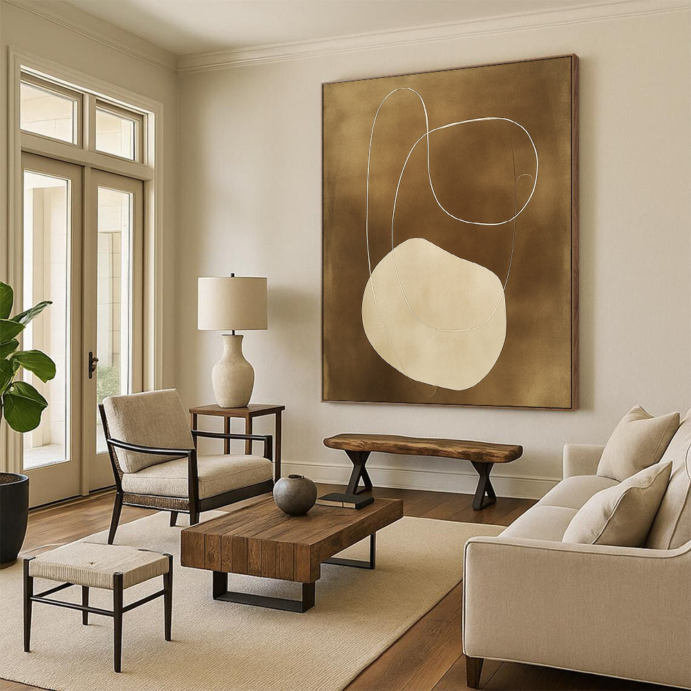 Contemporary hand-painted abstract artwork features organic shapes and connecting lines in earthy tones on a dark beige background, showcasing elegant simplicity. DLZ0861