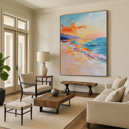 Contemporary abstract oil painting of the sea featuring golden sunset light vibrant orange and blue tones and detailed brushstrokes conveying tranquility and calmness DLZ1120