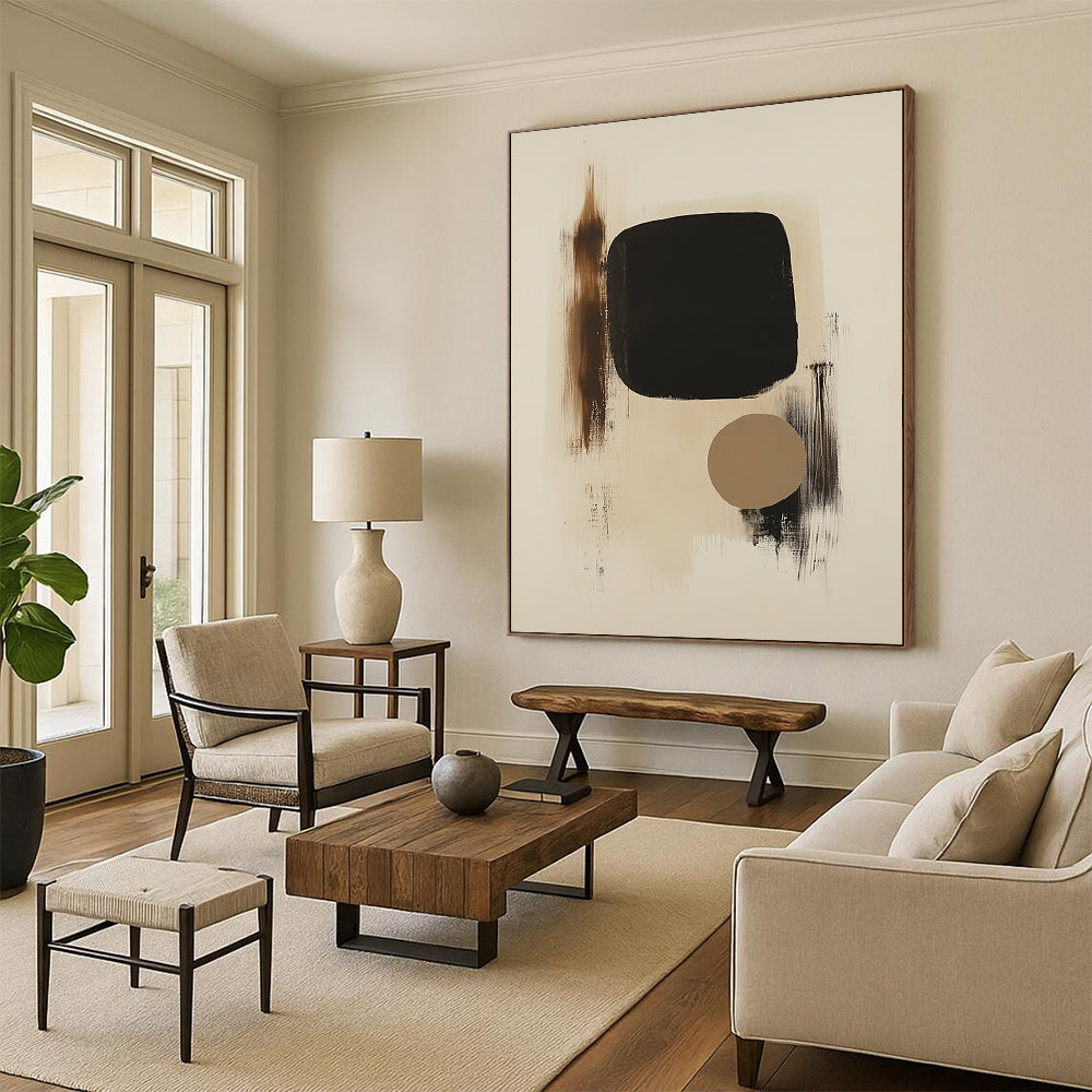 Large contemporary hand-painted abstract art featuring black shapes on beige background with a small brown form and organic brushstroke textures. DLZ1331
