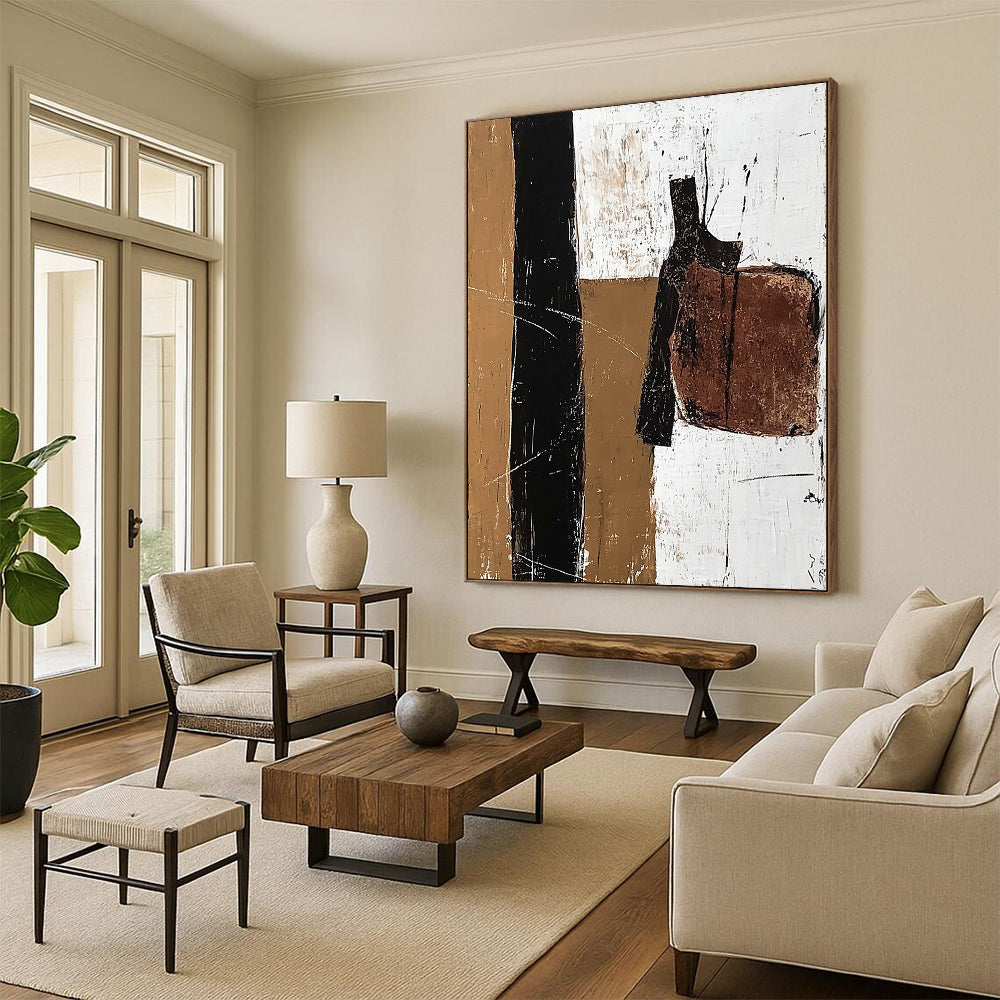 Large contemporary abstract painting featuring a vertical line of acrylic paint and earthy tones with details of an old leather saddle. DLZ1032