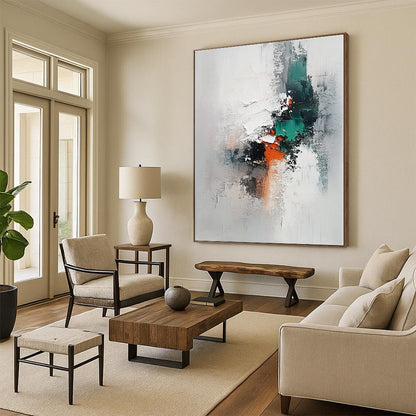 Contemporary hand-painted abstract art on canvas features thick brushstrokes in neutral tones with accents of grey teal and orange against a white background. DLZ1645