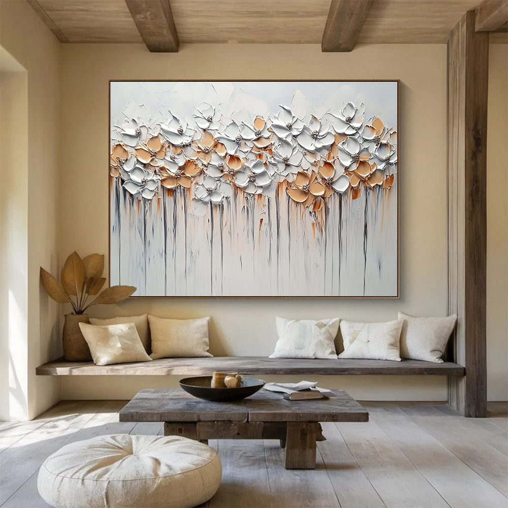 “White - Gold Floral Drip” - White, Gold, Beige with Flower Row - 3D Impasto Painting HB1350