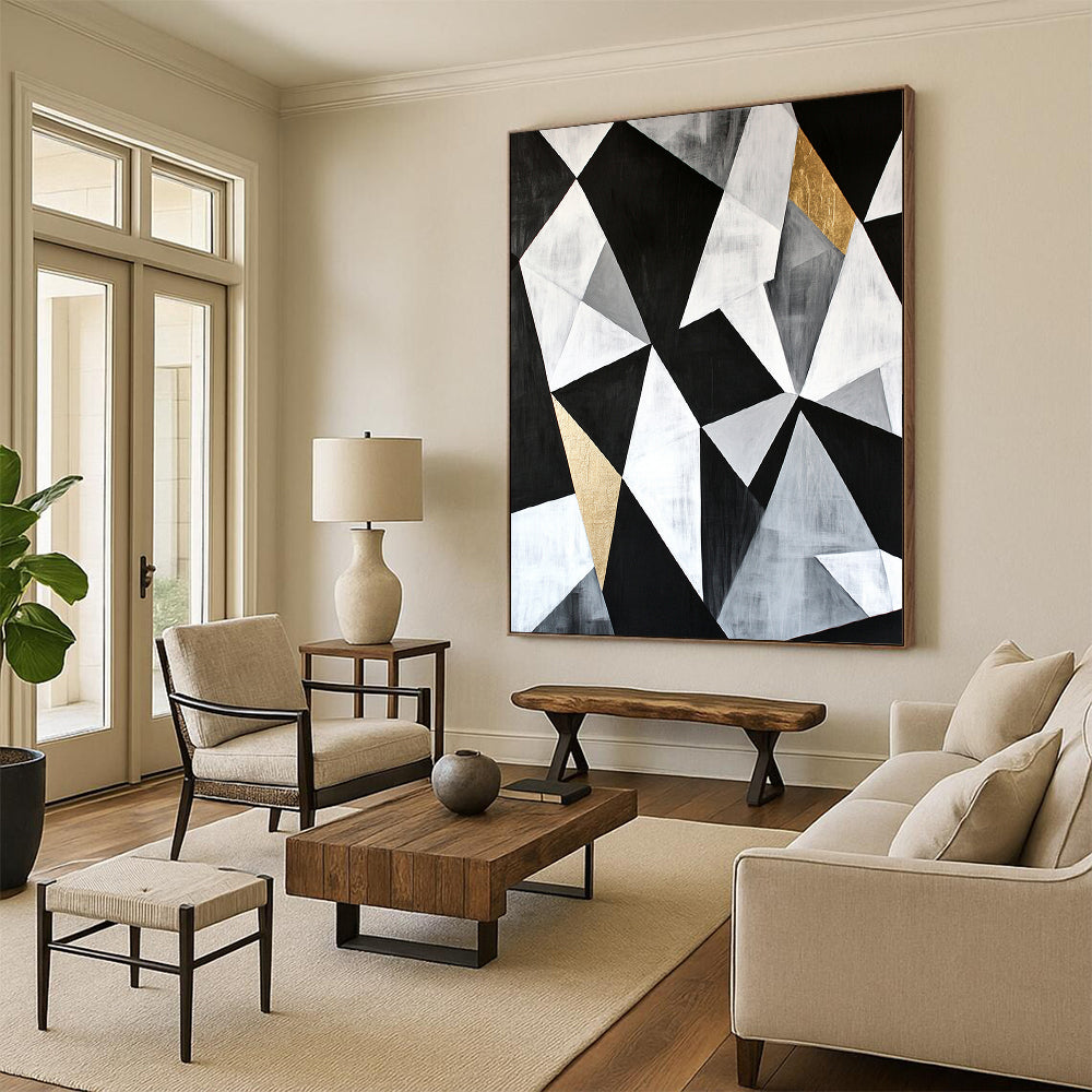 Black, White, Gray, Gold, Angular Collage "Gilded Industrial Fusion" Abstract Modernist Painting On Canvas HB128