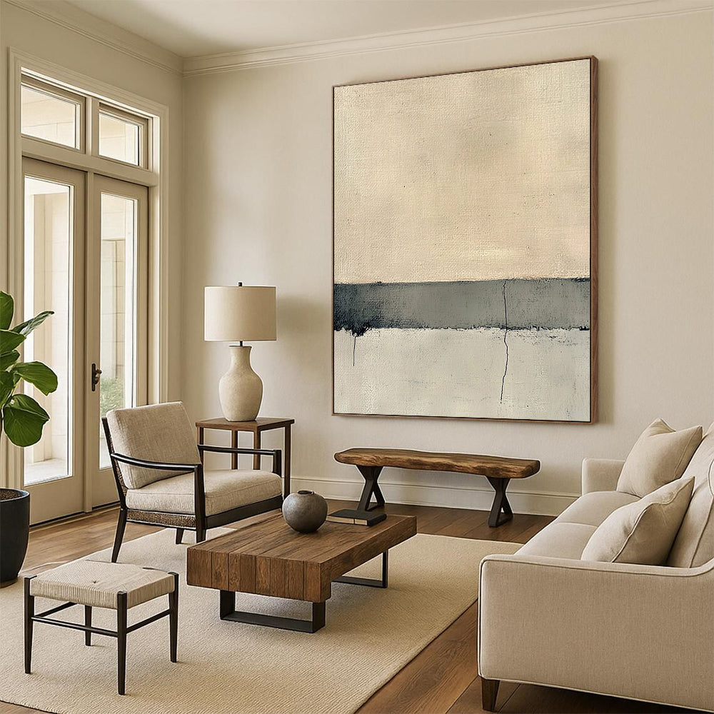 Contemporary hand-painted abstract art featuring the serene intersection of concrete and sand in neutral tones and subtle textural variations. DLZ1357