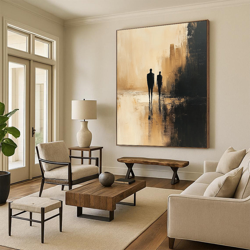 Contemporary abstract painting featuring minimalist human figures in dark beige and black against a blurred cityscape with textured canvas and soft lighting. DLZ0556