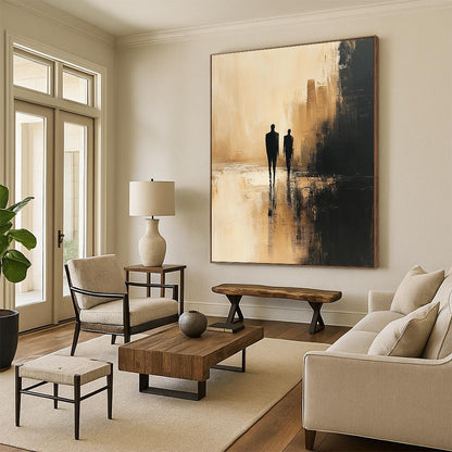 Contemporary abstract painting featuring minimalist human figures in dark beige and black against a blurred cityscape with textured canvas and soft lighting. DLZ0556