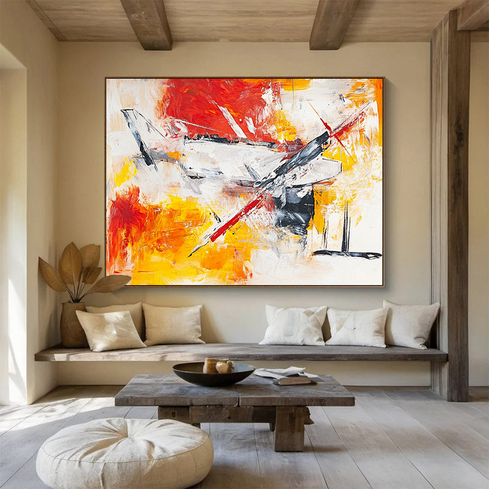 “Dynamic Aircraft Abstract” - Red, Yellow, White, Gray with Energetic Strokes - Painting On Canvas HB1371